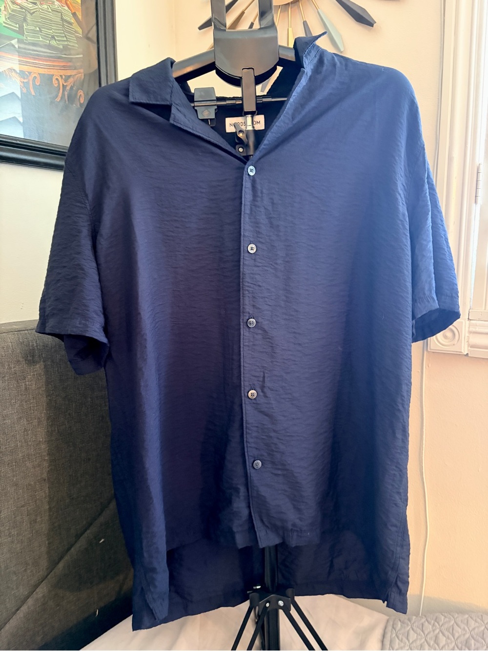 Nordstrom Men’s Navy Short-Sleeve Button-Down Shirt | Crinkle Texture XL